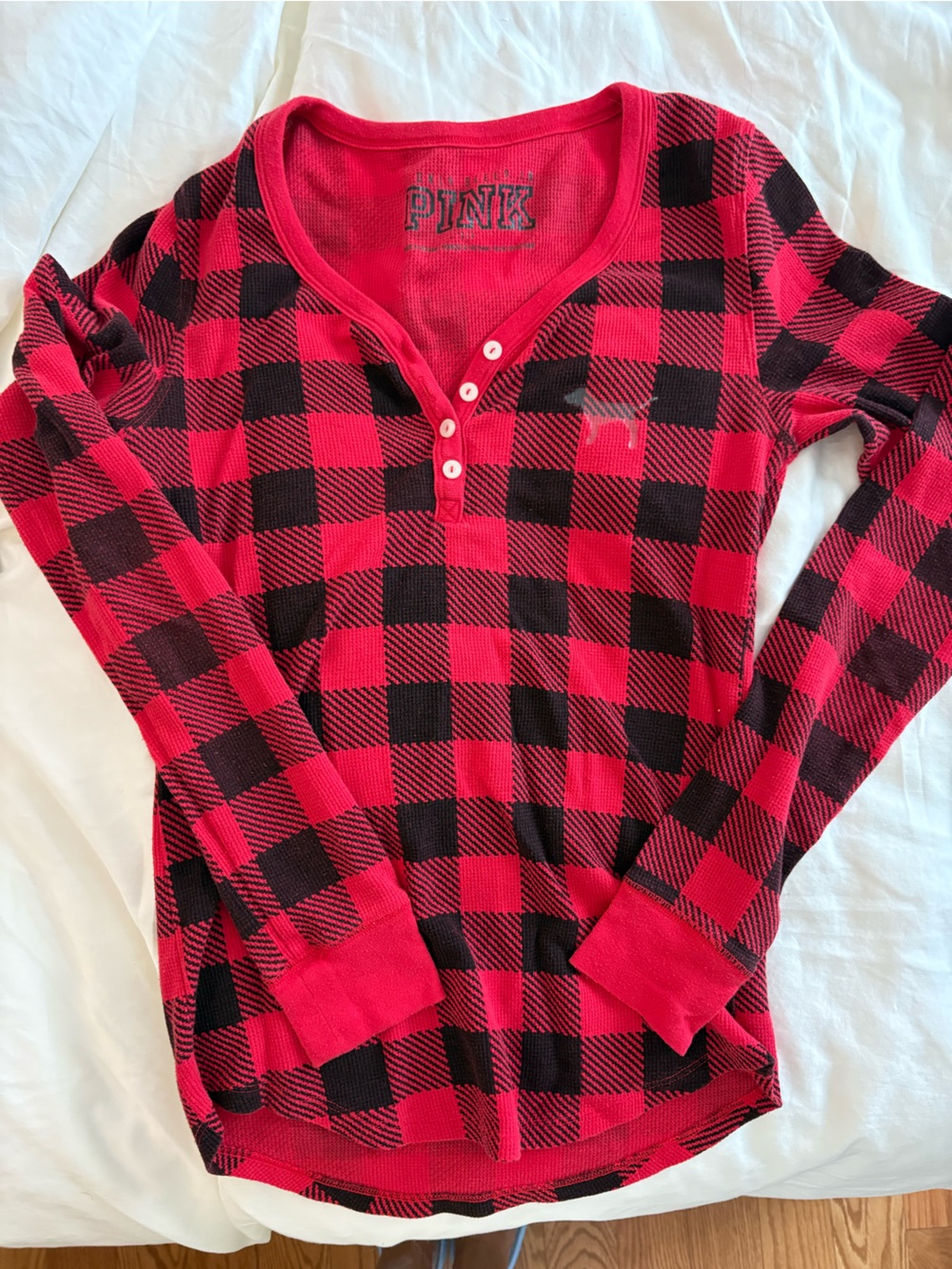 VS PINK Red and Black Plaid Waffle Pyjama Top